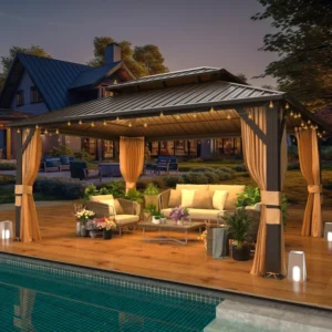10'x15' Steel Hardtop Gazebo with Double Roof - Weatherproof Aluminum Frame & Netting for Patio, Backyard